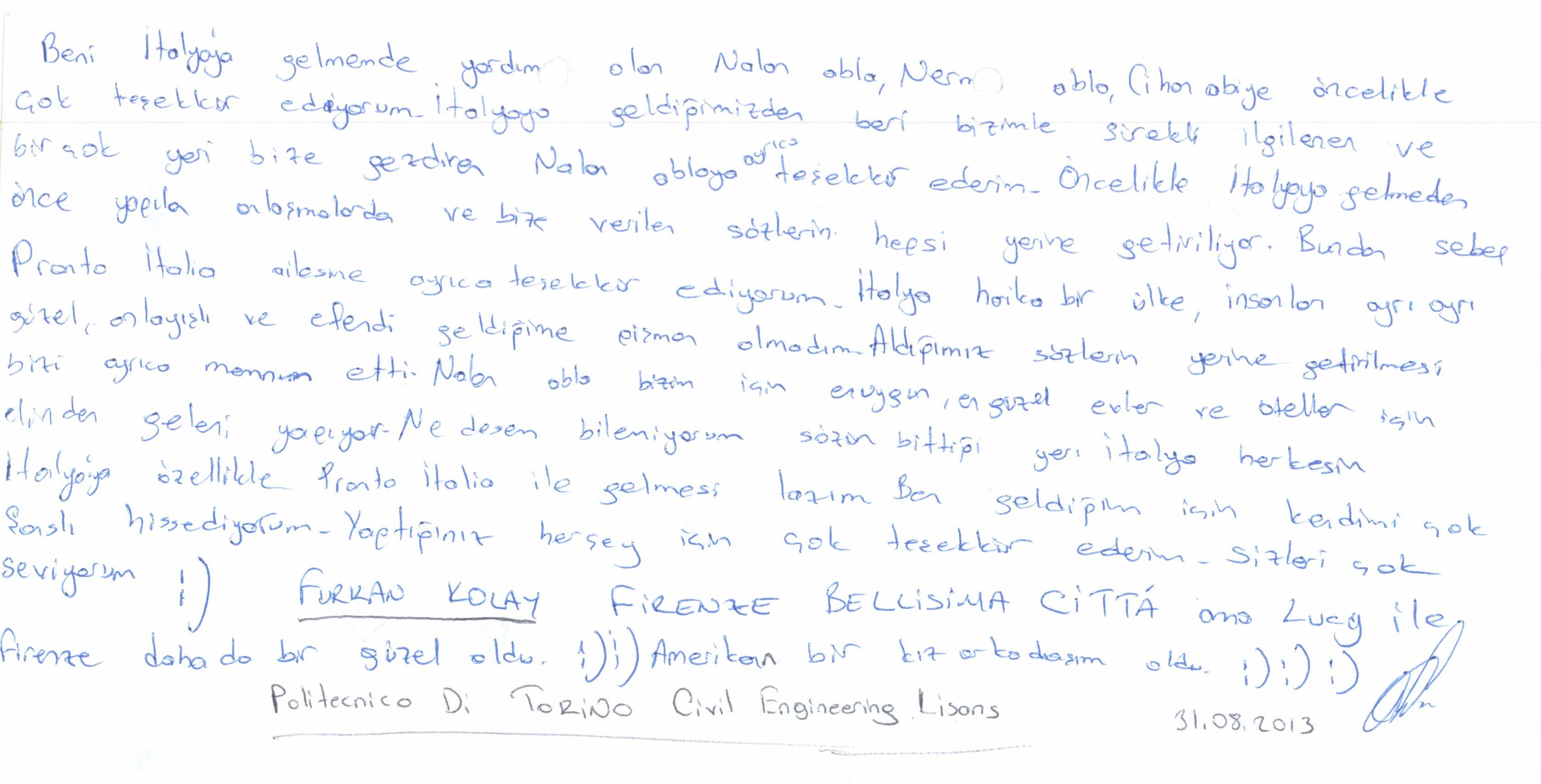 Furkan KOLAY'ın Mektubu - Politecnico Di Torino - Civil Engineering - Lisans