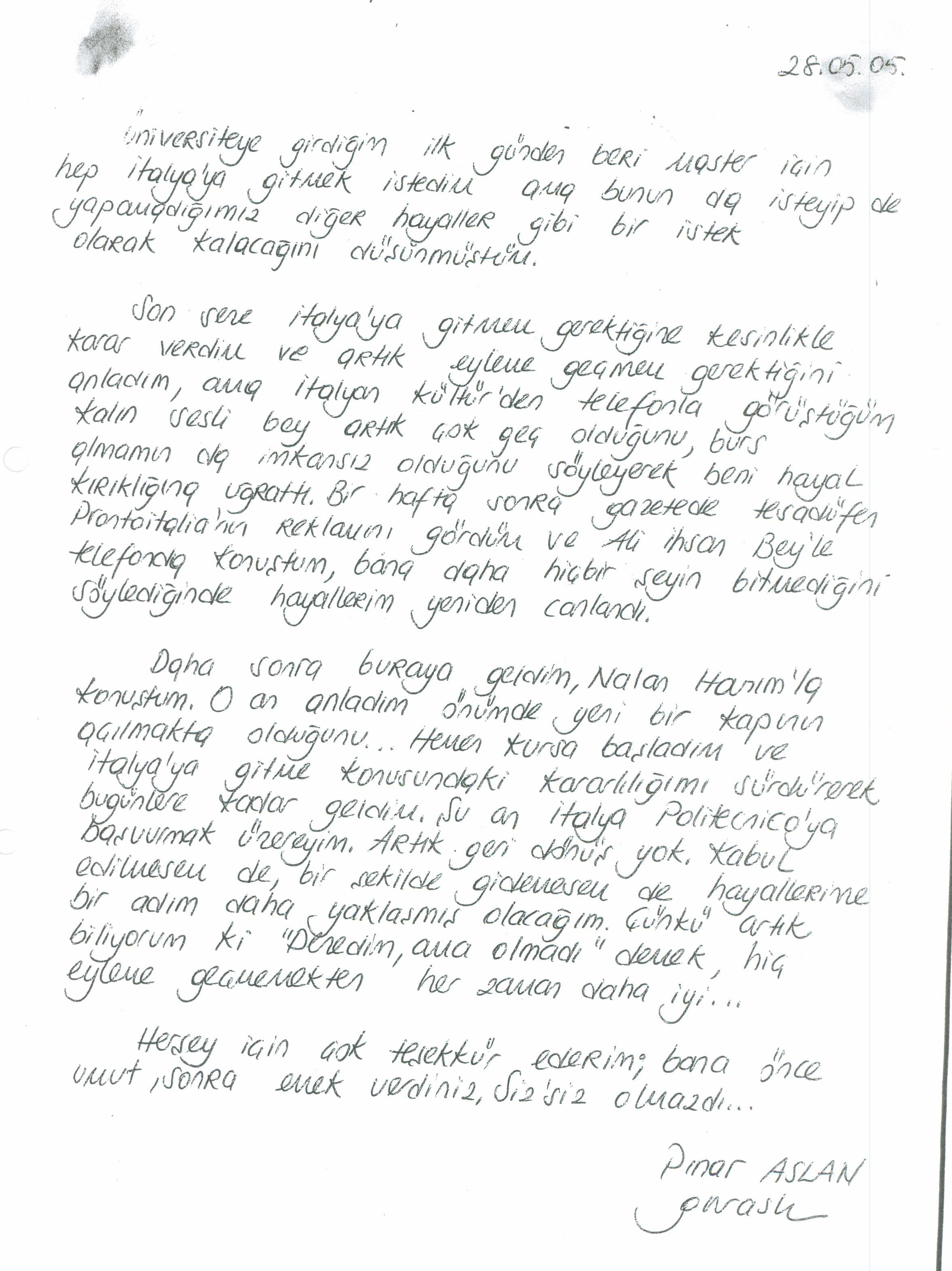 Pınar Aslan'ın yıllar önce bize ulaşan mektubu
