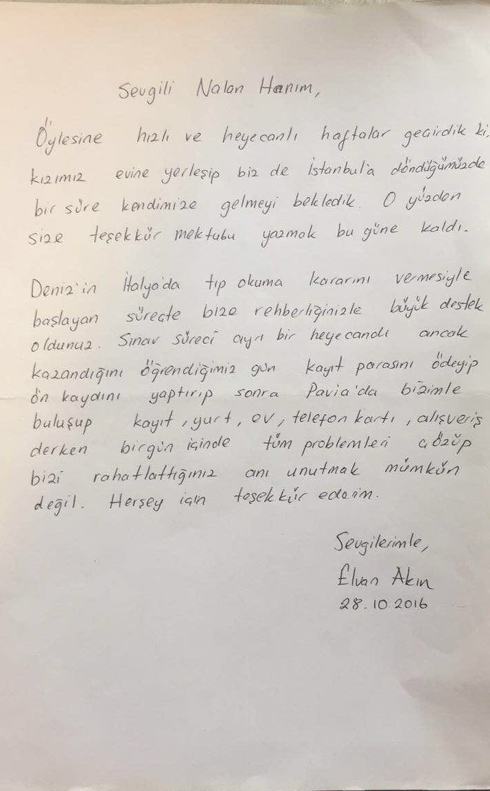 Pavia Üniversitesi Tıp Fakültesi'nde okuyan Deniz Akın'ın babası Elvan Akın'ın mektubu